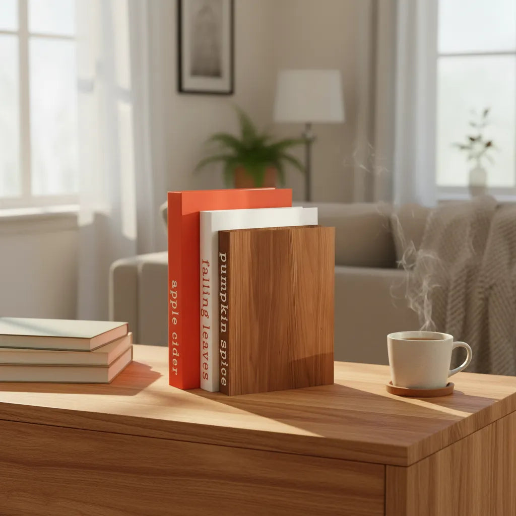 Livro caixa organizador marrom em ambiente de home office sofisticado com móveis em nogueira e luz natural.