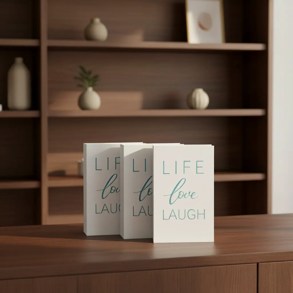 Pormenor da textura fosca e da tipografia elegante dos livros decorativos Vida e Amor da Casa Vértice