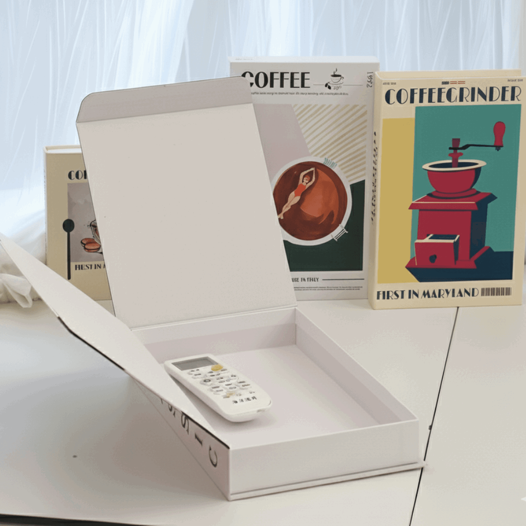 Livro decorativo tema café caixa‑livro capa dura laminada fosca com compartimento interno para organizar controles e acessórios, estilo editorial