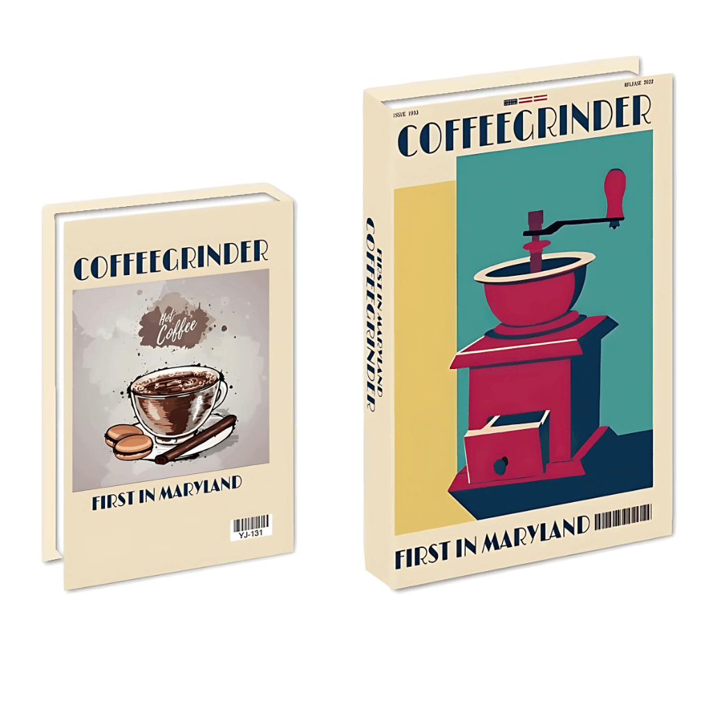 Caixa‑livro decorativa com espaço interno oculto e capa artística inspirada em cafeterias italianas.