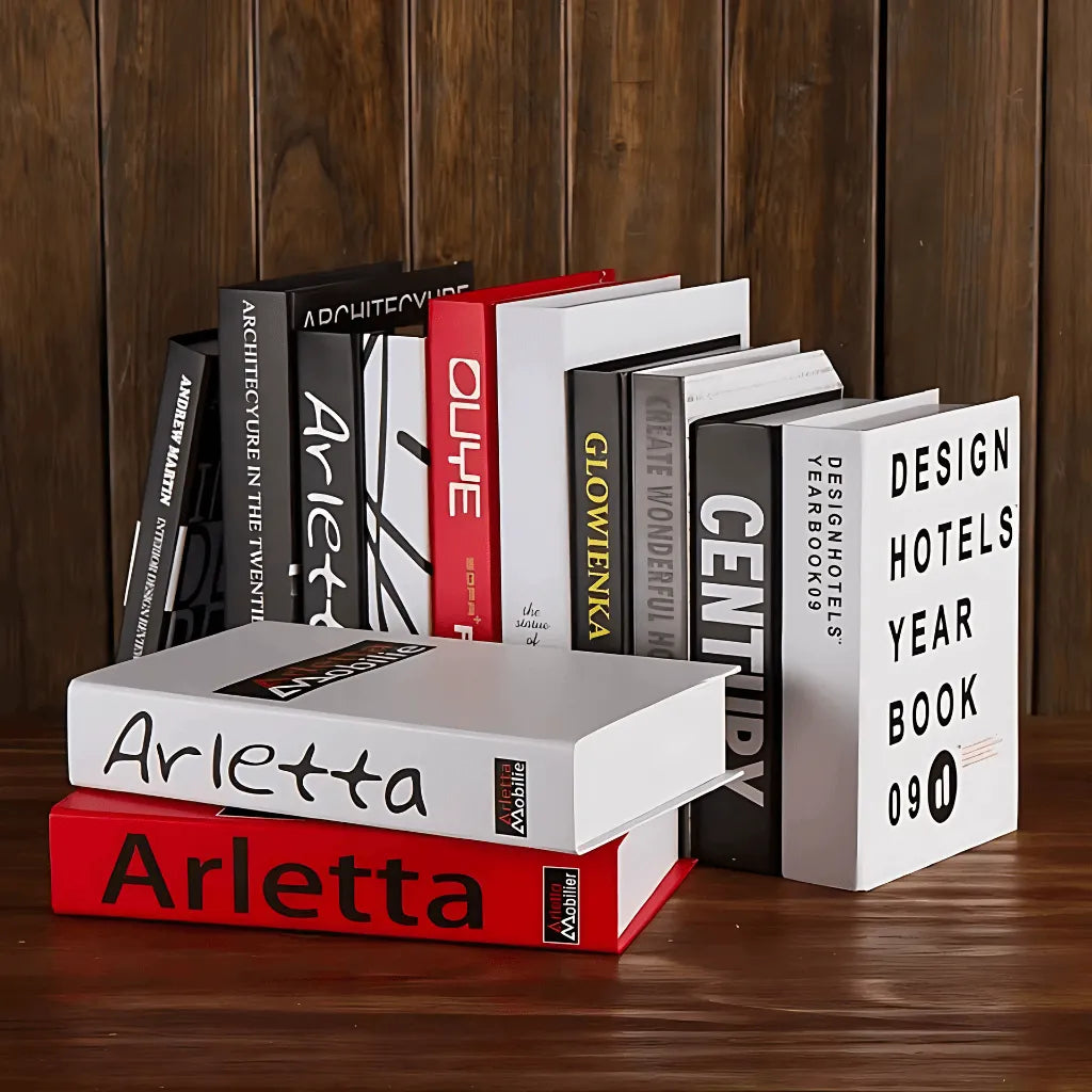 Conjunto de 12 unidades de livro decorativo Série Galeria para preenchimento de estantes.