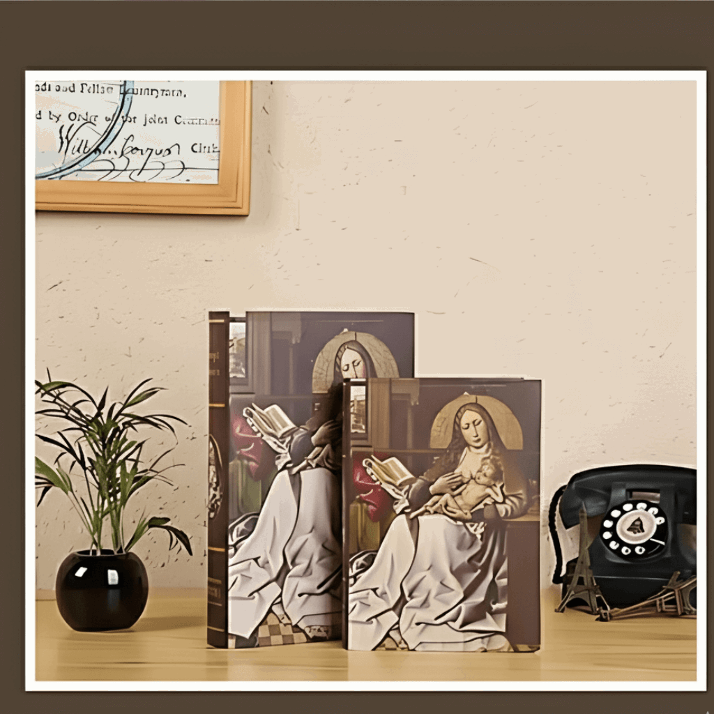 Livro decorativo em resina com personagens clássicos e pátina vintage para estantes e aparadores