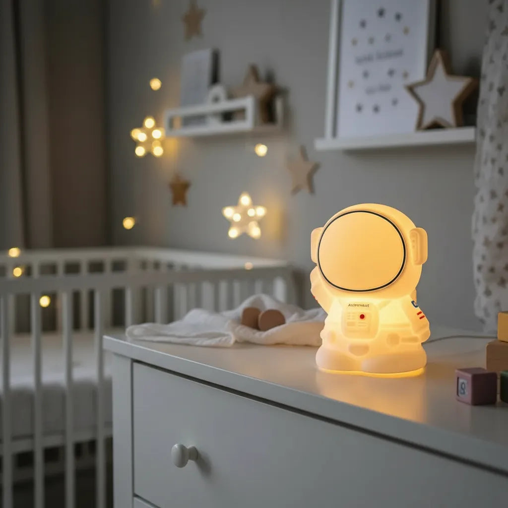 Luminária infantil astronauta em silicone macio com luz quente para quarto de bebê.
