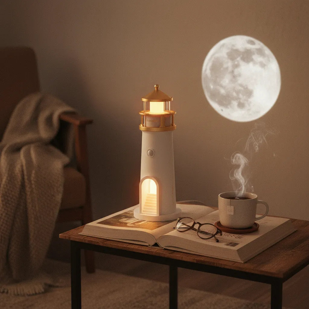 Luminária de mesa farol criando ambiente relaxante para leitura com projeção de lua e luz quente.