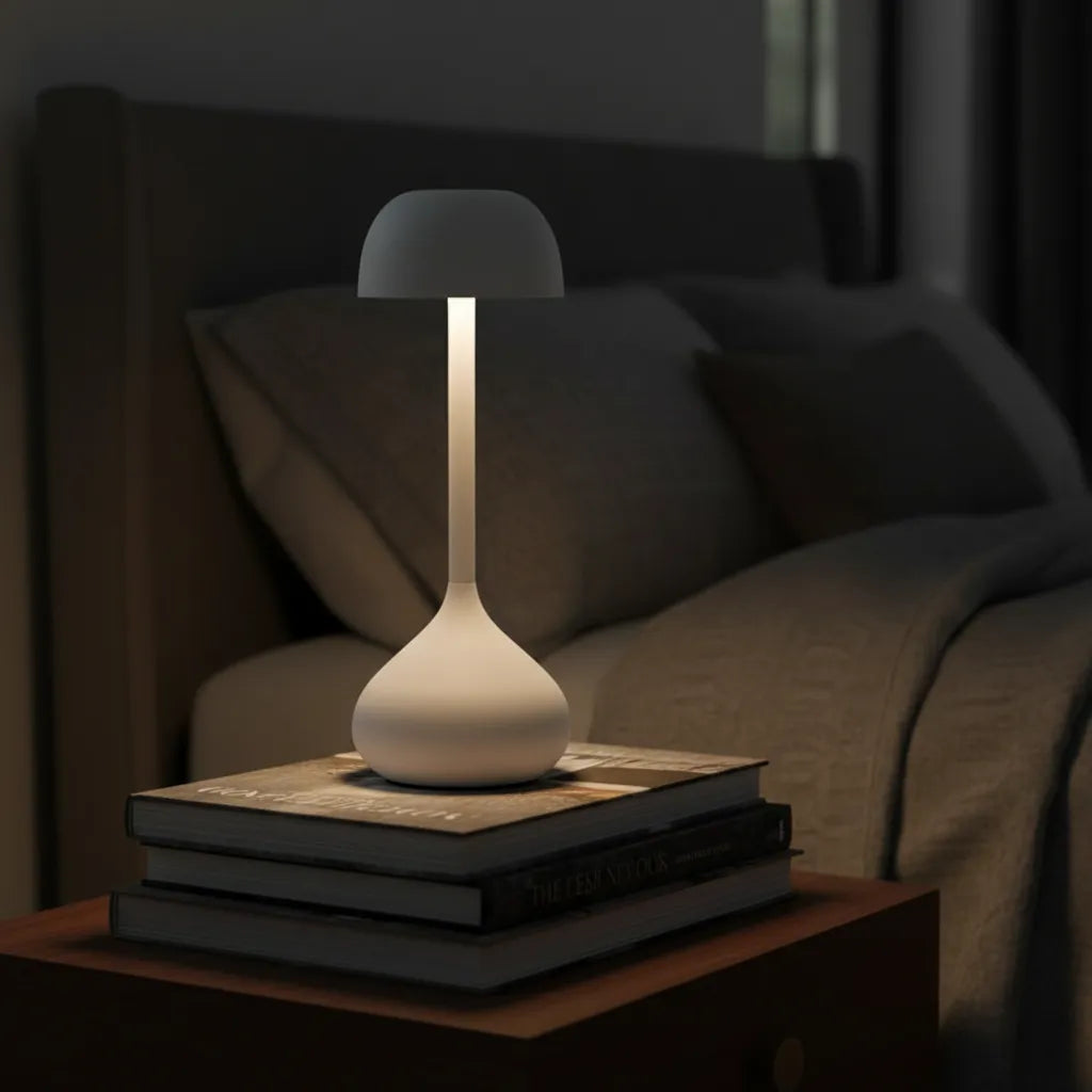 Abajur de cabeceira branco fosco formato cogumelo com luz LED confortável.