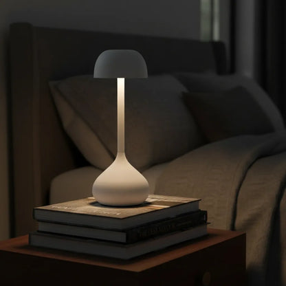 Abajur de cabeceira branco fosco formato cogumelo com luz LED confortável.