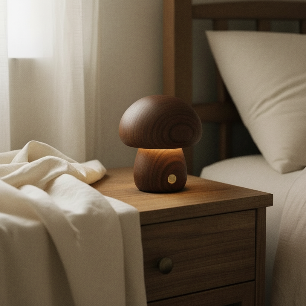 Luminária de mesa pequena formato cogumelo em madeira maciça na cabeceira de cama com lençóis.