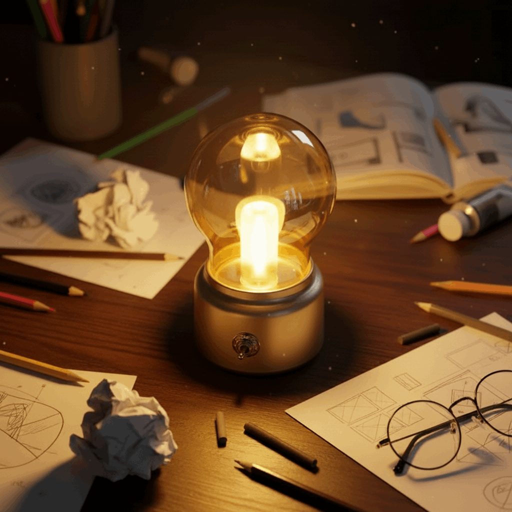 Luminária criativa formato lâmpada brilhando em mesa de trabalho com esboços e projetos.