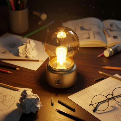 Luminária criativa formato lâmpada brilhando em mesa de trabalho com esboços e projetos.