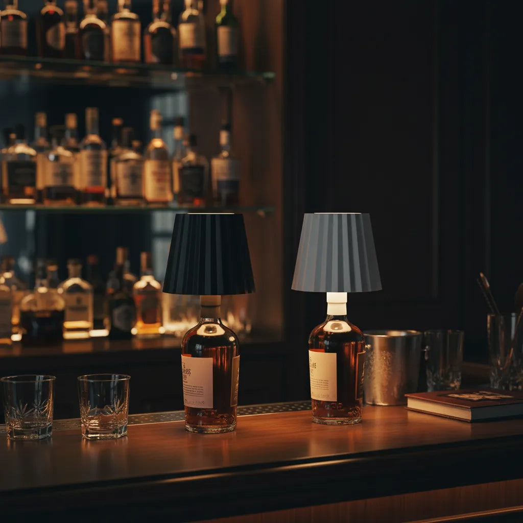 Dupla de luminárias Sommelier Touch (Preta e Branca) decorando bar residencial moderno