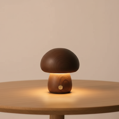 Luminária de mesa cogumelo madeira nogueira acesa em mesa lateral moderna.