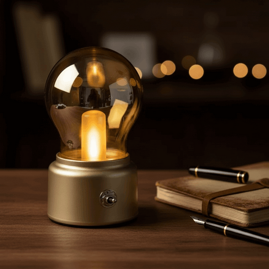 Luminária de mesa formato lâmpada retrô base dourada iluminando mesa de escritório clássico.