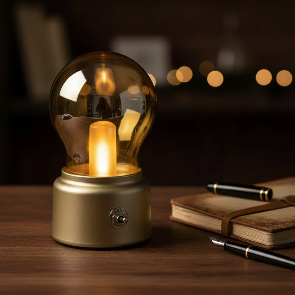 Luminária de mesa formato lâmpada retrô base dourada iluminando mesa de escritório clássico.