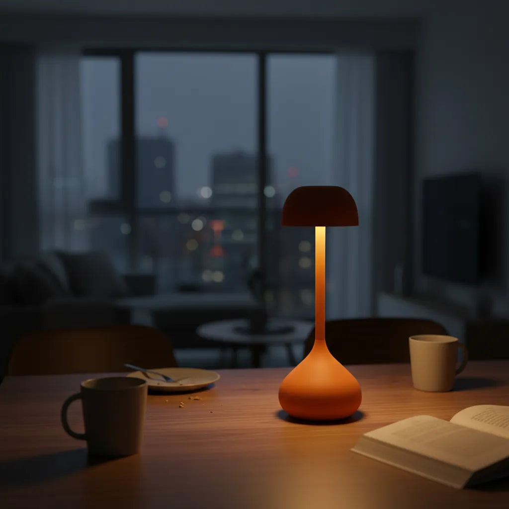 Luminária portátil Mushroom Touch iluminando de mesa de jantar na varanda.