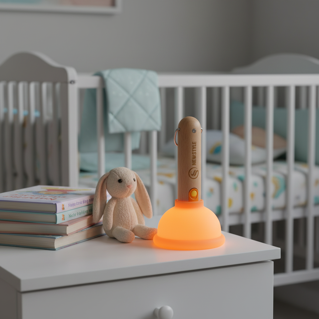 Luminária Plunger Fun na mesa de cabeceira infantil com livros e coelho de pelúcia.