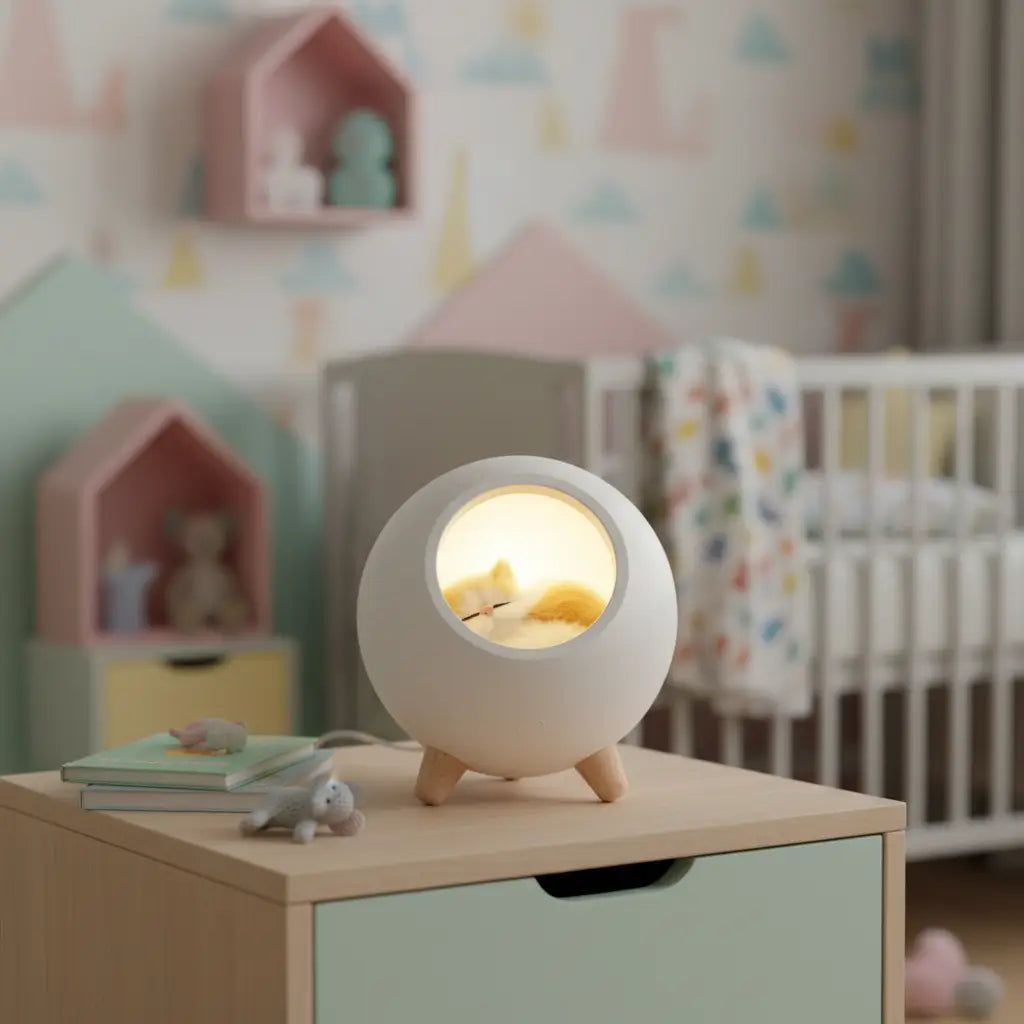 Luminária infantil de mesa modelo Kitty House branca decorando quarto com luz suave.