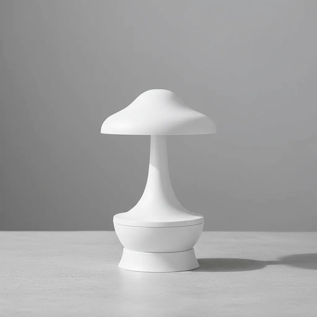Luminária de mesa branca fosca Mushroom Balance em fundo cinza minimalista.