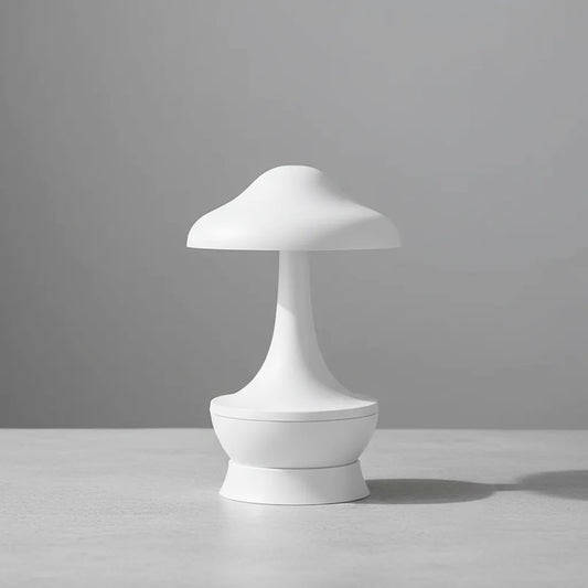 Luminária de mesa branca fosca Mushroom Balance em fundo cinza minimalista.