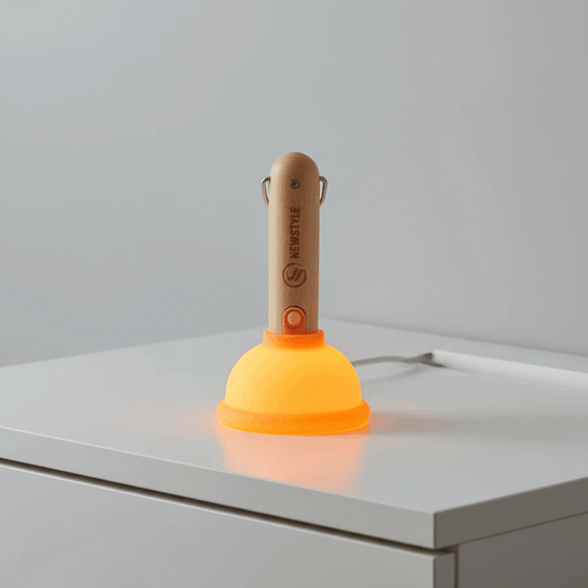 Luminária de mesa formato desentupidor com cabo de madeira e base laranja em ambiente clean