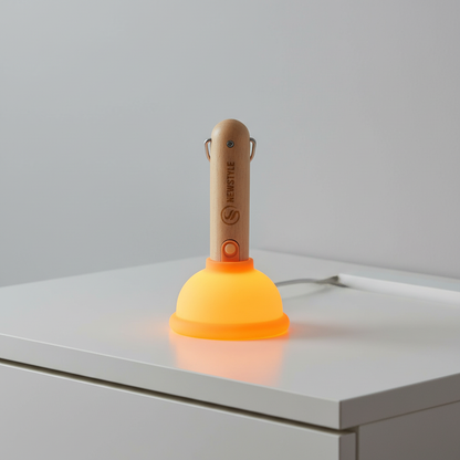 Luminária de mesa formato desentupidor com cabo de madeira e base laranja em ambiente clean