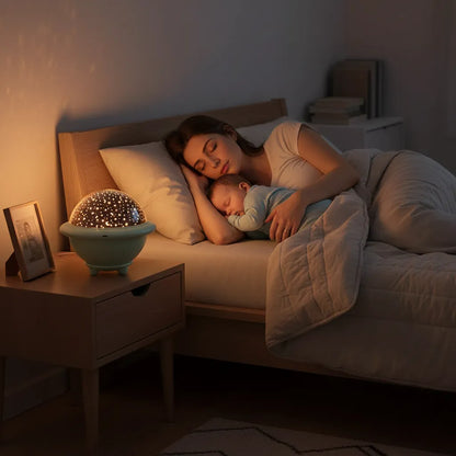 Mãe e bebê dormindo sob a luz suave da luminária UFO Star Projector.