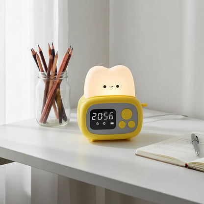 Luminária de mesa torradeira Toast Clock amarela com relógio digital e timer.