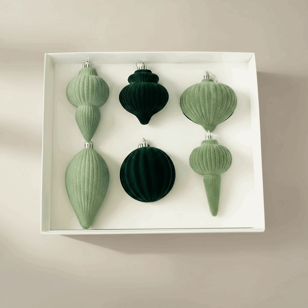 conjunto 6 ornamentos aveludados verdes em caixa branca