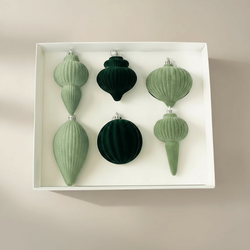 conjunto 6 ornamentos aveludados verdes em caixa branca