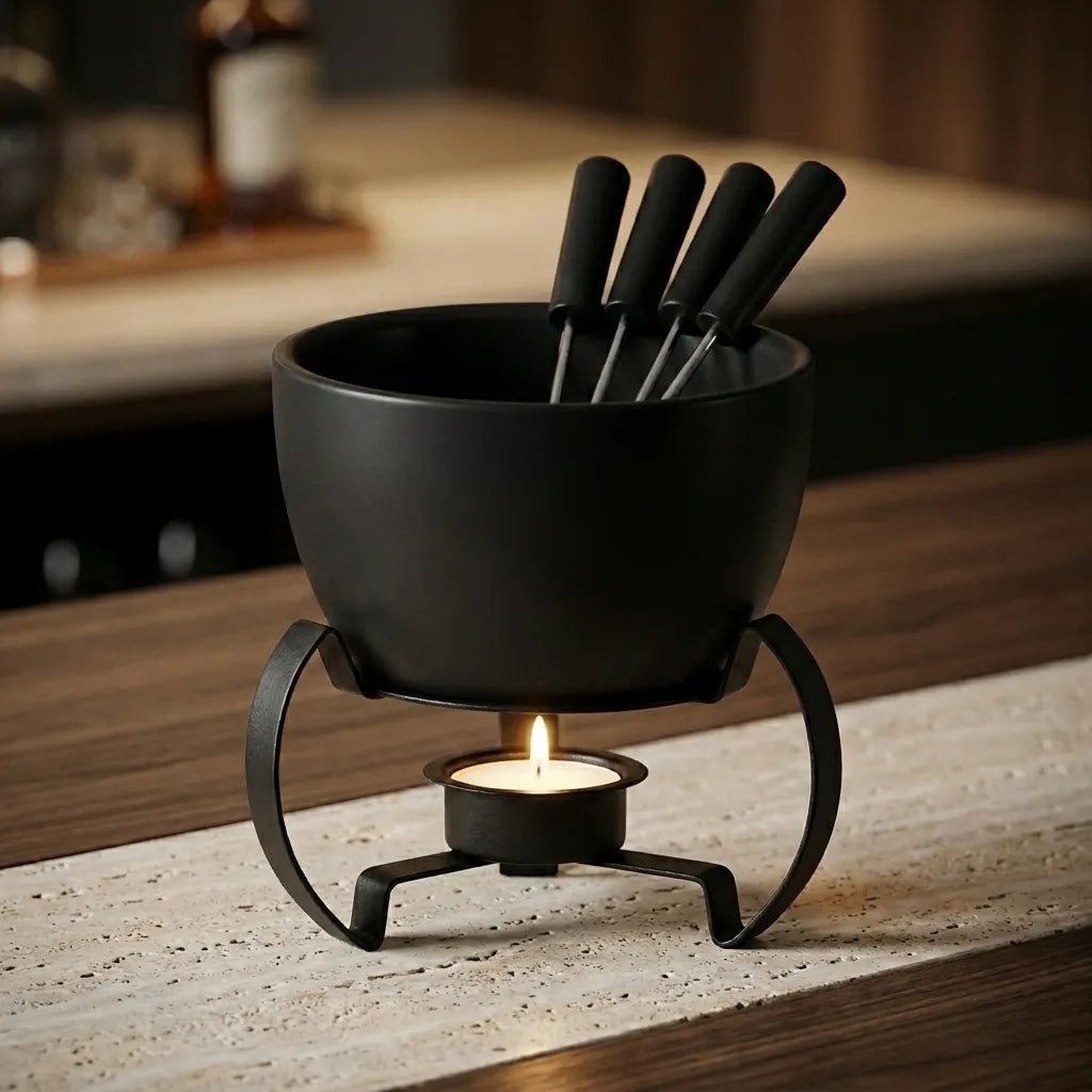 Aparelho de fondue preto absoluto em cerâmica fosca com base de ferro forjado e vela acesa, assinatura Casa Vértice.