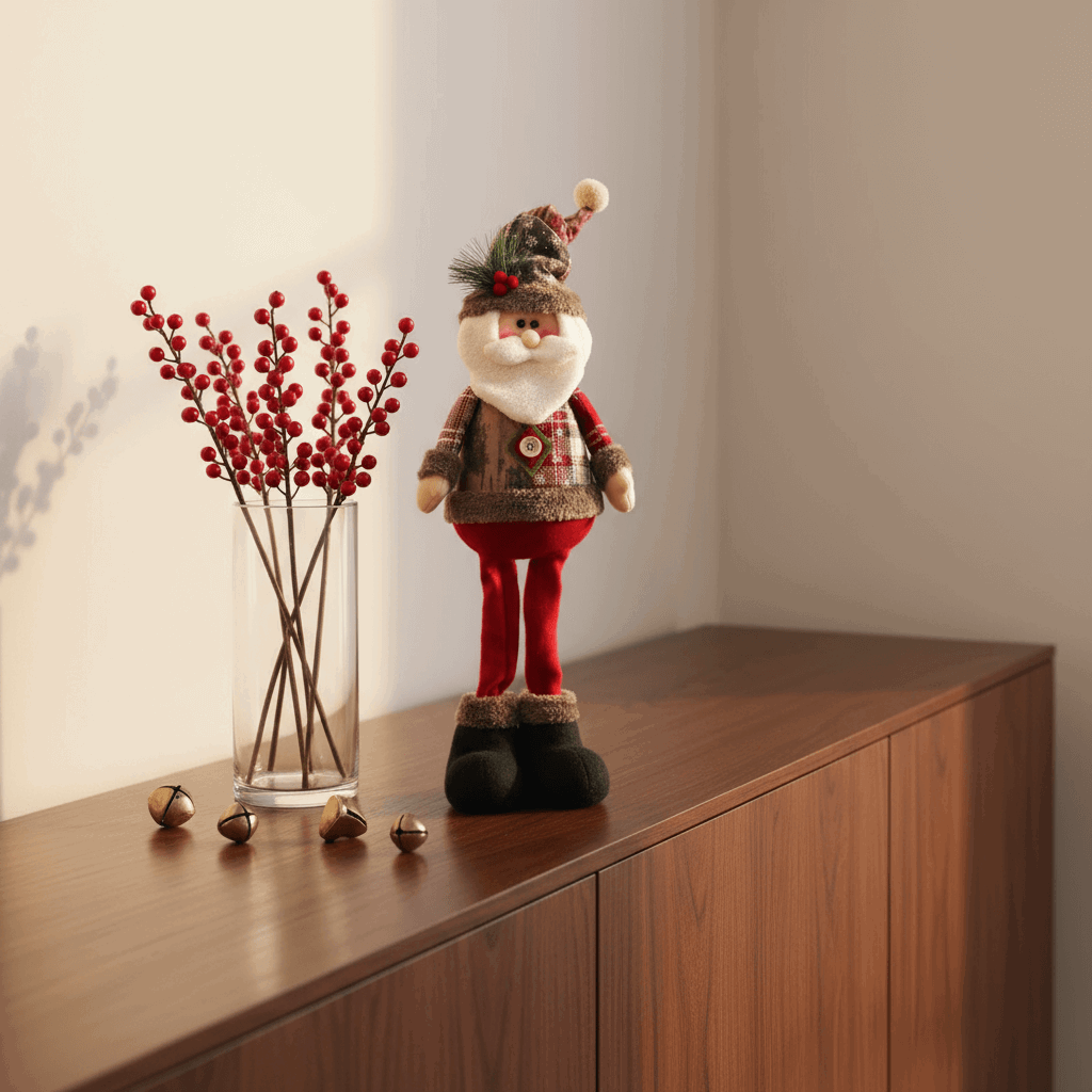papai Noel decorativo em pé no aparador com bauxita de bagas vermelhas