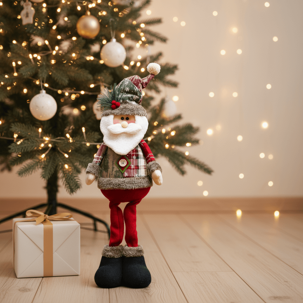 papai Noel decorativo com pernas flexíveis diante da árvore de natal