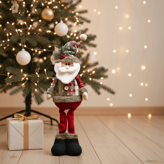 papai Noel decorativo com pernas flexíveis diante da árvore de natal
