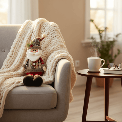 papai Noel decorativo sentado no sofá com manta trançada