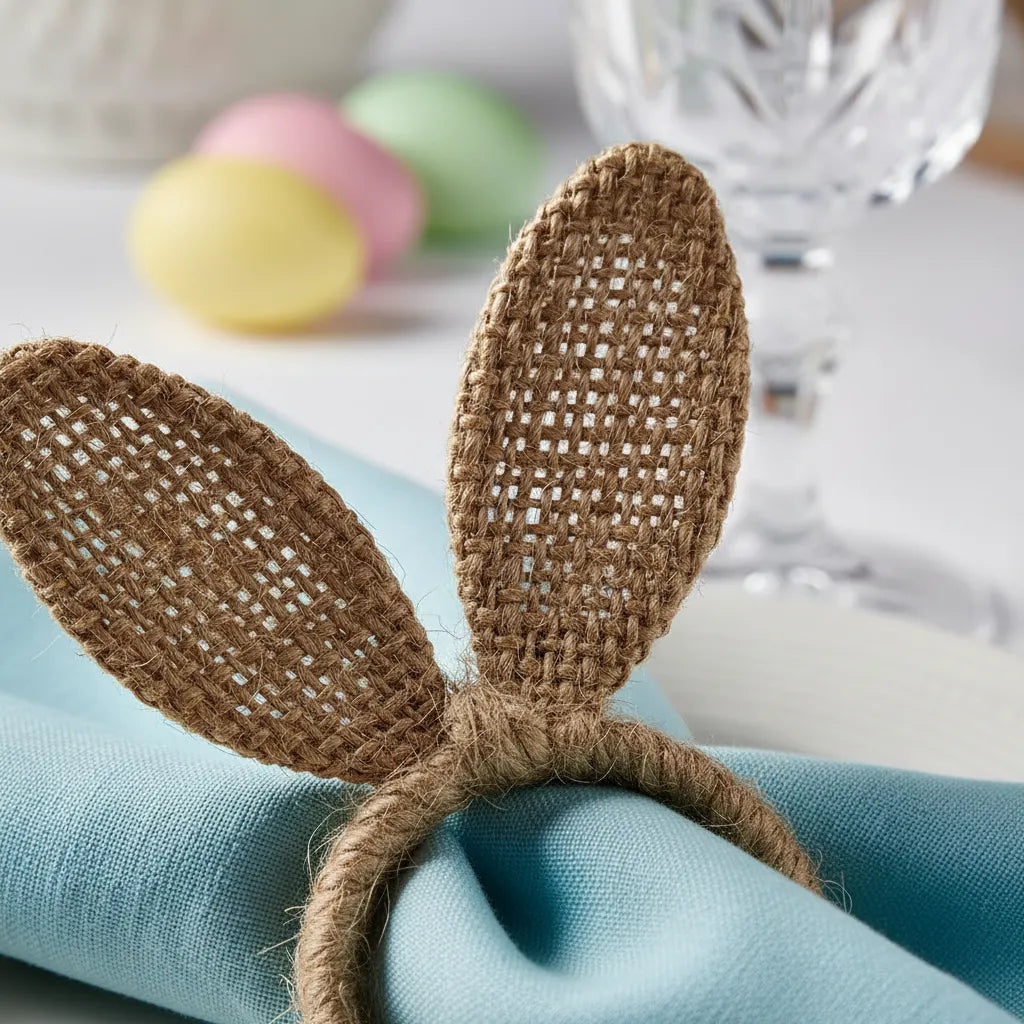 Detalhe do anel de guardanapo de orelha de coelho em juta rústica segurando guardanapo azul.