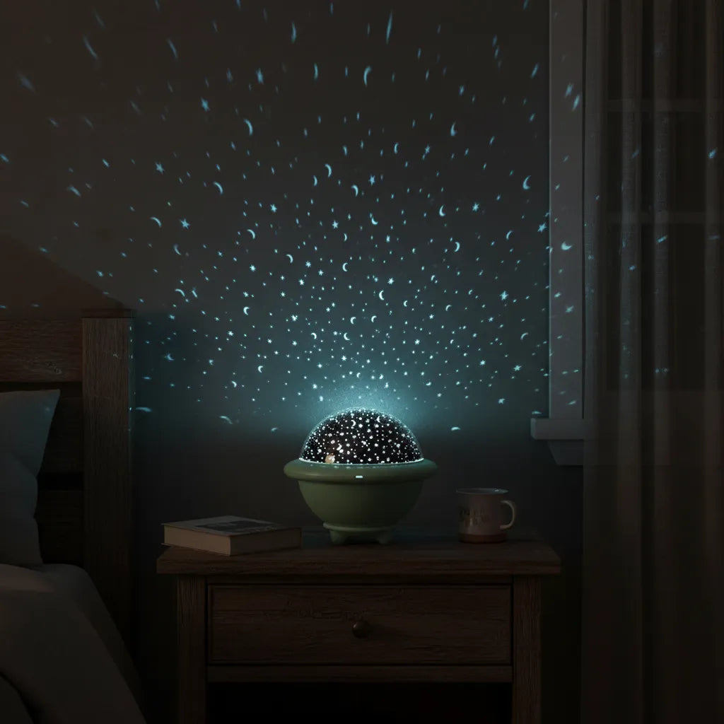 Luminária projetora de estrelas formato UFO criando céu estrelado no teto do quarto.