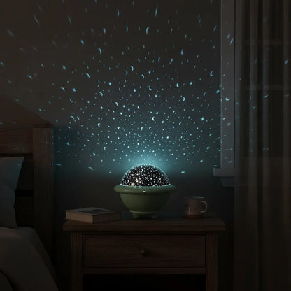 Luminária projetora de estrelas formato UFO criando céu estrelado no teto do quarto.