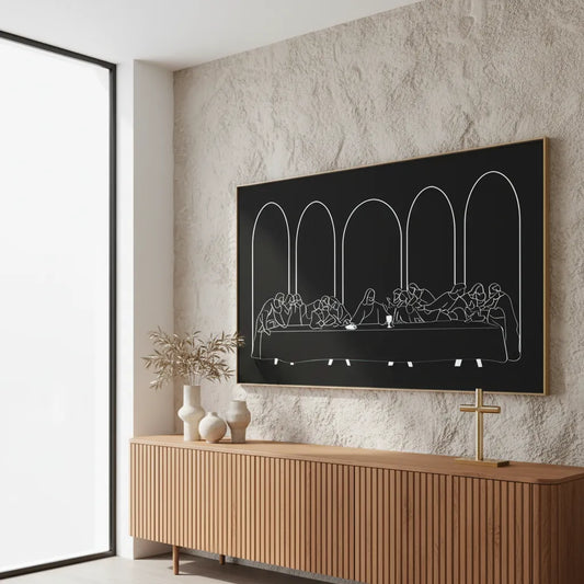 Quadro decorativo fine art apresentando a interpretação One Line Art da Última Ceia, com linhas brancas contínuas sobre fundo preto absoluto em tela de canvas premium casa vertice.