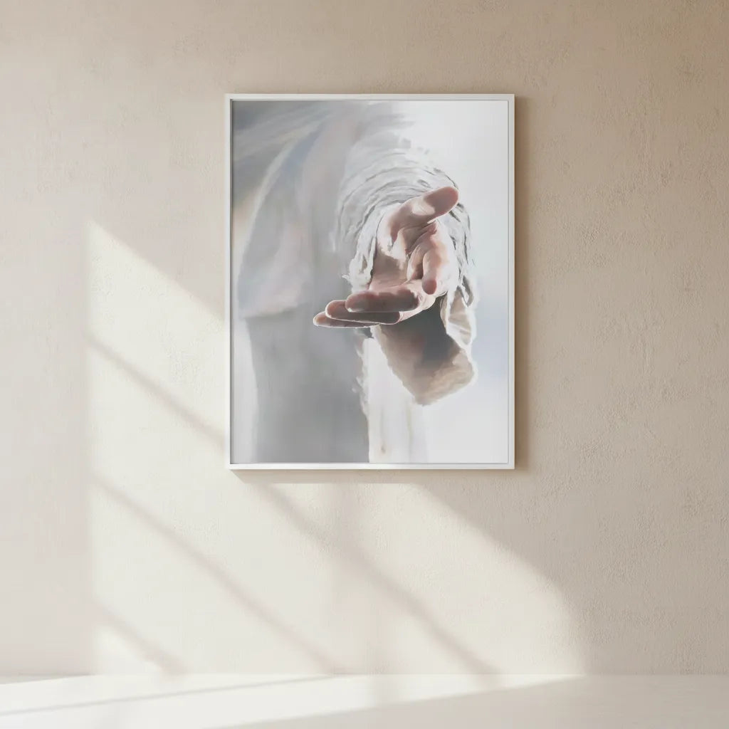 Quadro decorativo fine art apresentando close-up cinematográfico fotográfico da mão estendida de Cristo em um gesto de convite e acolhimento em tela de canvas premium casa vertice.