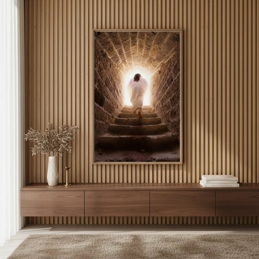 Quadro A Ressurreição ambientado em sala de jantar luxuosa com painéis de madeira e iluminação focal.