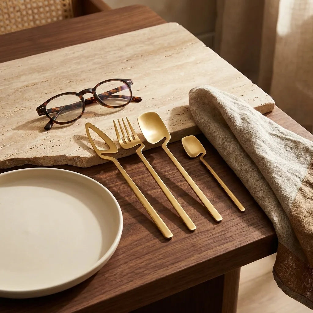 Composição de mesa posta com faqueiro dourado e óculos para referência de proporção real Casa Vértice.
