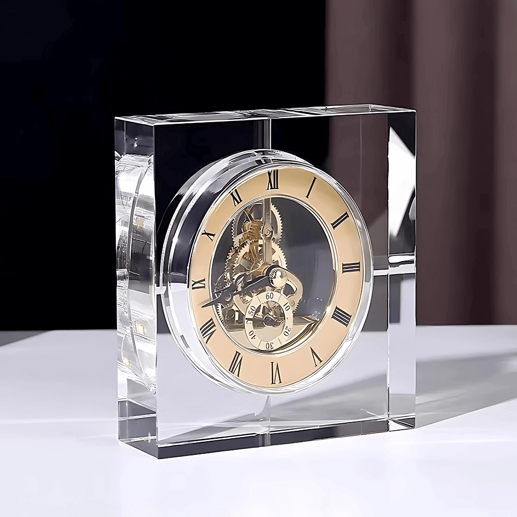 Relógio decorativo de cristal transparente estilo nórdico para mesa elegante Casa Vértice