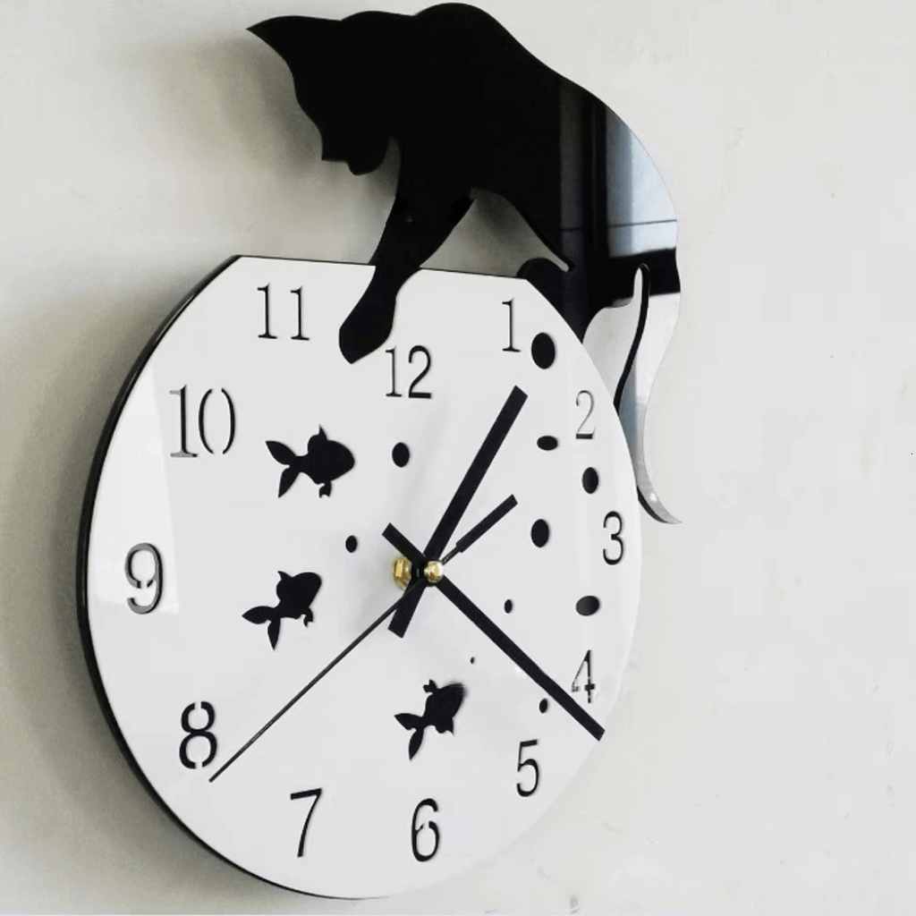 Relógio de parede decorativo gato acrílico com peixinhos design criativo Casa Vértice