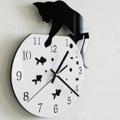 Relógio de parede decorativo gato acrílico com peixinhos design criativo Casa Vértice