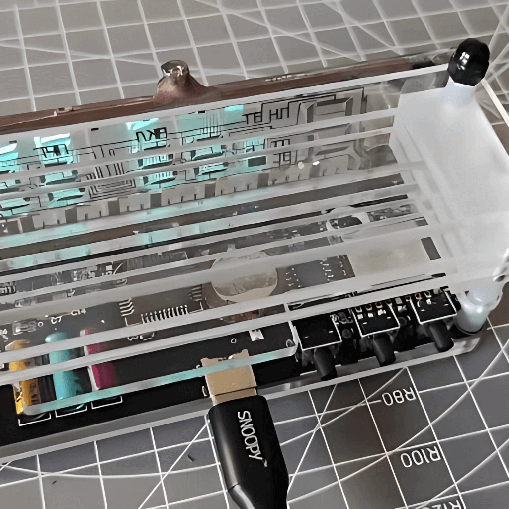 Detalhe do relógio eletrônico de mesa LED cyberpunk acabamento em acrílico e vidro Casa Vértice