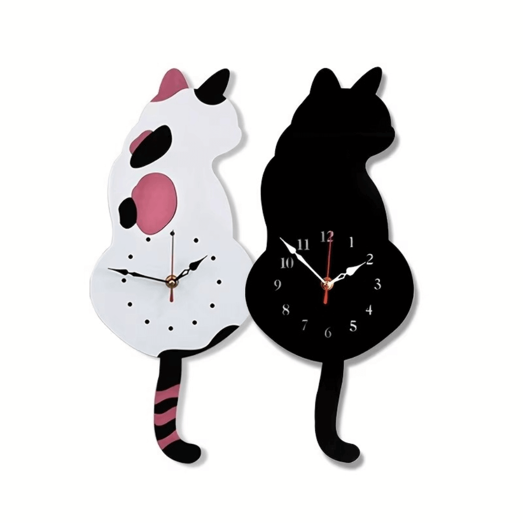 Relógio de parede gato preto pêndulo acrílico 42x18cm decoração Casa Vértice