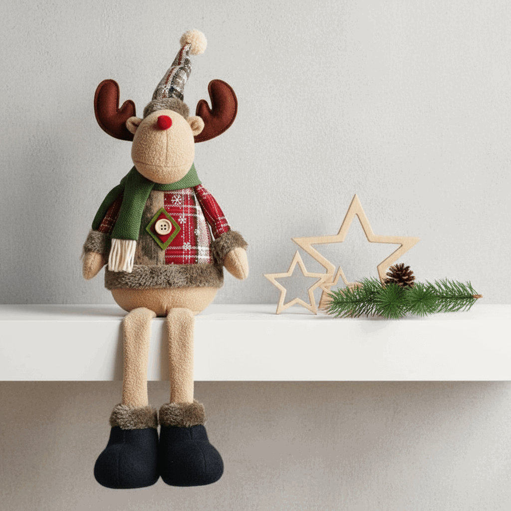 rena decorativa sentada em prateleira com estrelas e ramo