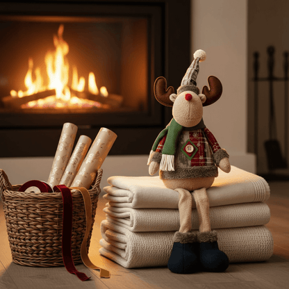 boneco de natal rena sentado diante da lareira com mantas