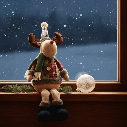 rena decorativa na janela com neve ao fundo
