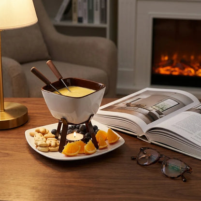 Ambiente aconchego com aparelho de fondue, lareira ao fundo e objetos de decoração, curadoria Inverno 2026 Casa Vértice.