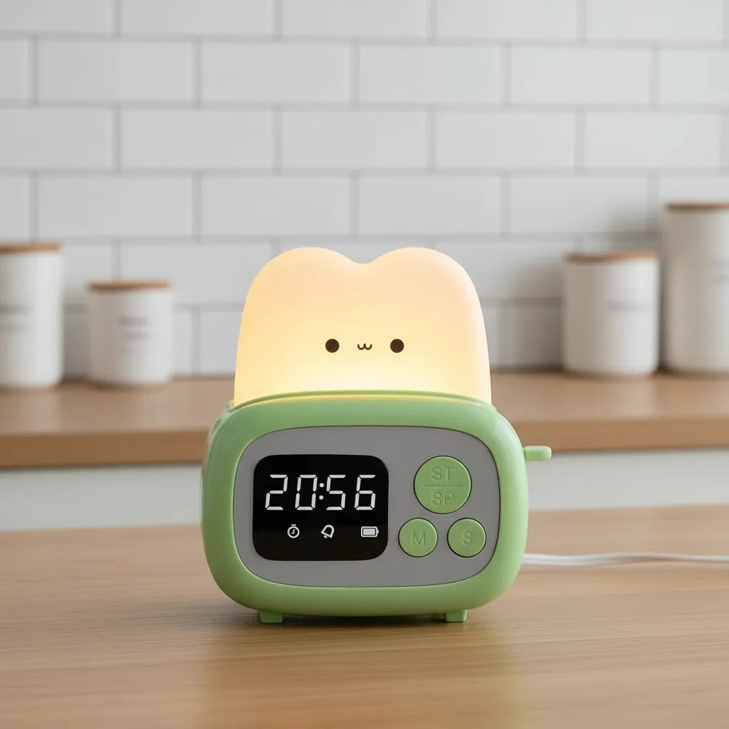 Timer de cozinha e luminária decorativa torradeira verde menta com display digital.